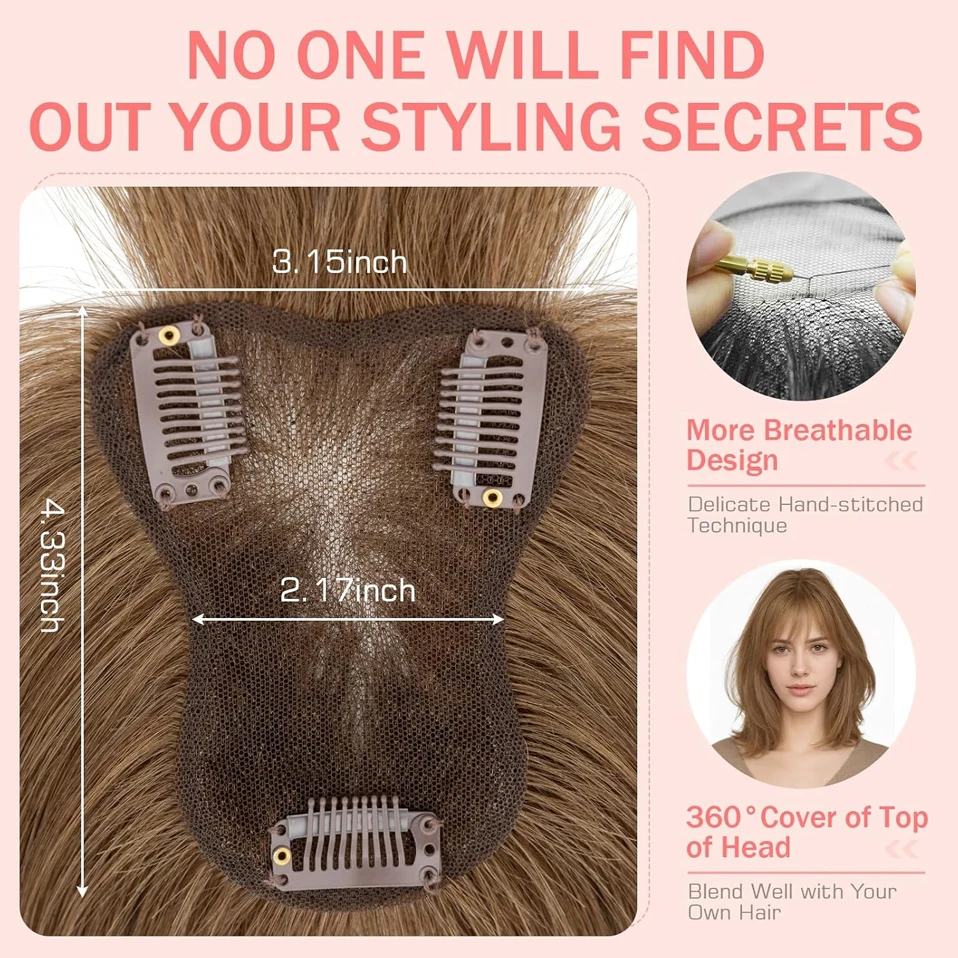 100% Human Hair Toppers with Bangs 360° Cover 3D Clips on  Hairpieces for Women 3.15