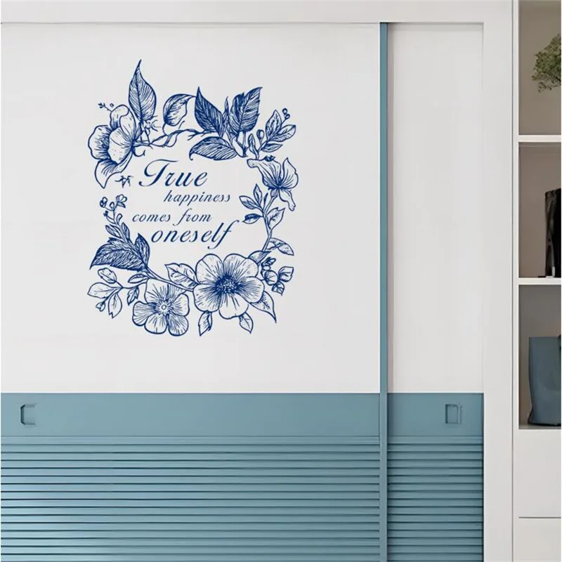 Removable Creative Blue Flower English Slogan Wall Sticker For Livingroom Home Wall Background Decoration Self-Adhesive