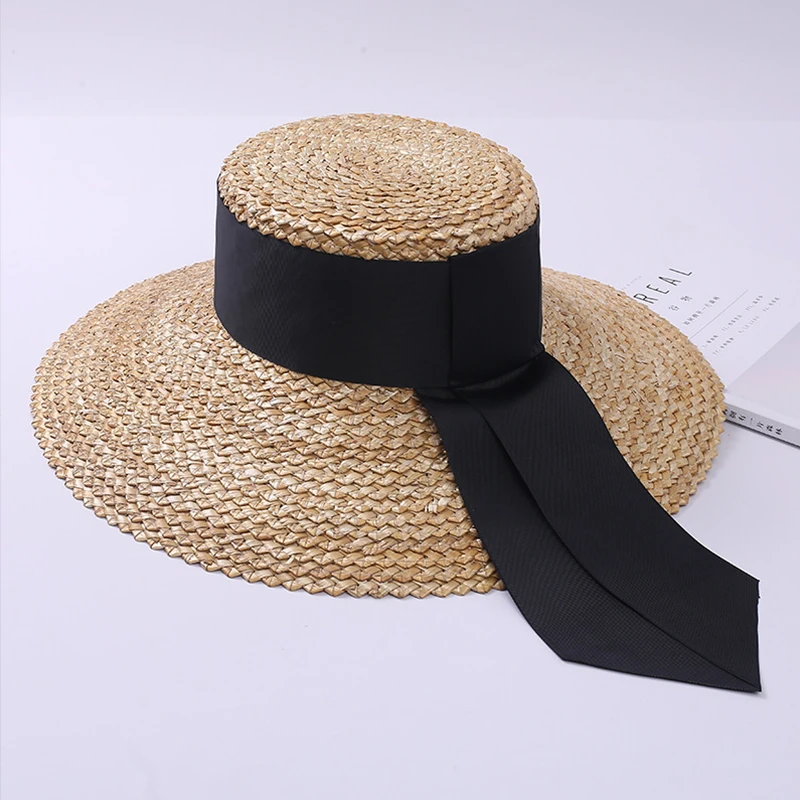 Women Classical Wheat Straw Hat Summer Cap Large Wide Brim Sun Hat Elegant Floppy Ribbon Beach Hat Vocation Derby Hat