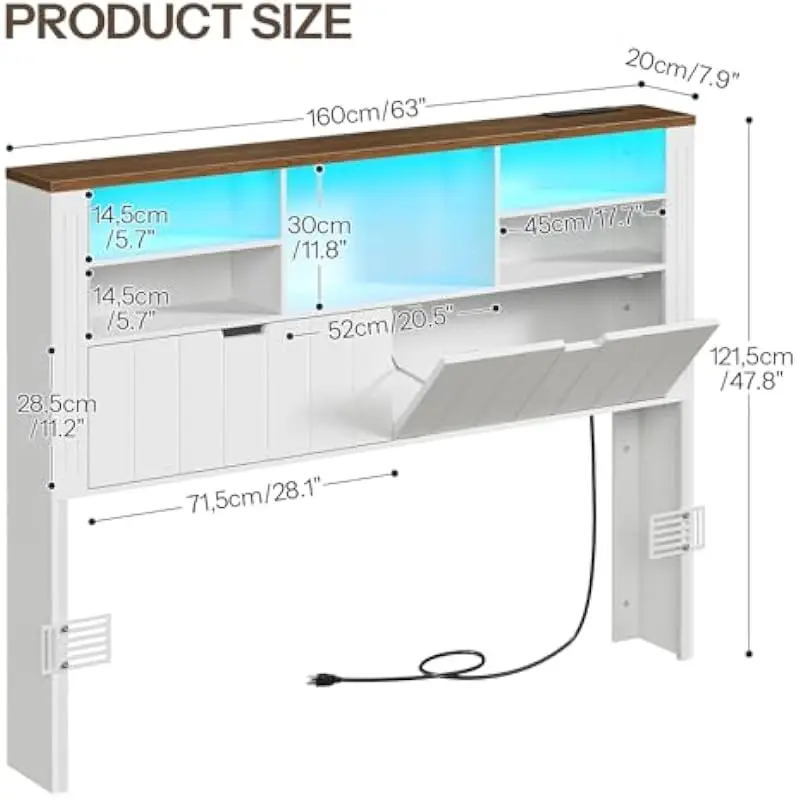 Queen Size Farmhouse Headboard with Integrated Bookcase Storage Cubbies Hidden Compartment Built-in Power Strip 2 AC USB Type-C