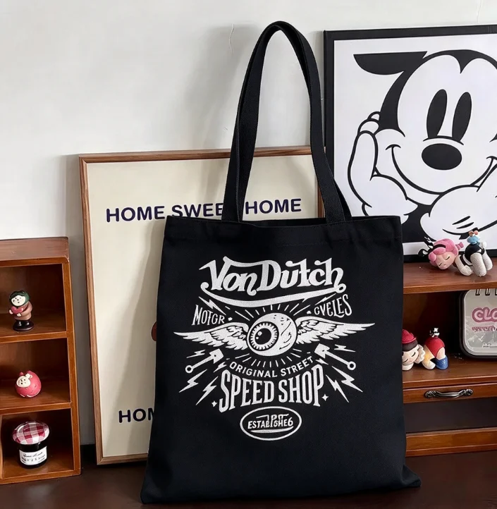 2026 Retro Winged Eyeball Graphic Canvas Tote Bag Large Capacity Shoulder Handbag For Biker Daily Shopping Travel