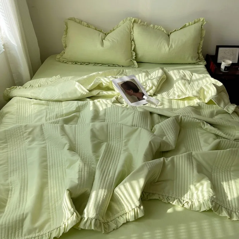 Fresh Green Washed Cotton Summer Quilt Korean Ruffle Quilted Stripe Air Condition Comforter Single Blanket 150*200cm Bed Cover