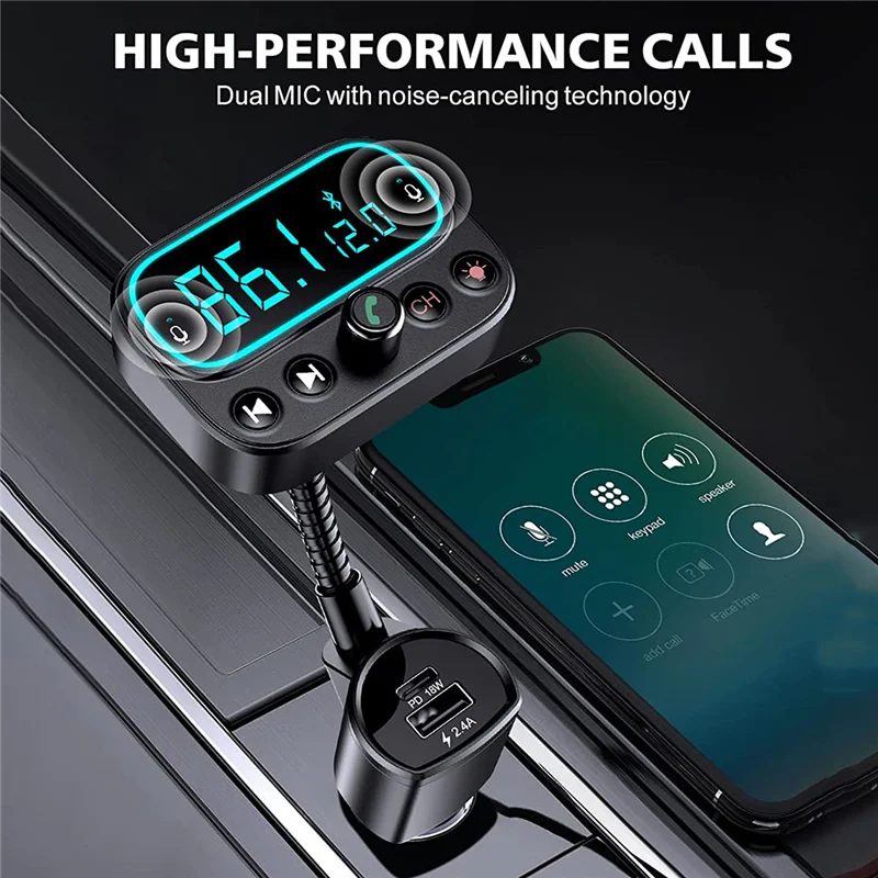 Bluetooth 5.0 FM Transmitter,USB Bluetooth Car Adapter with Dual Mic Wireless Car Music Player Support U Disk AUX Output