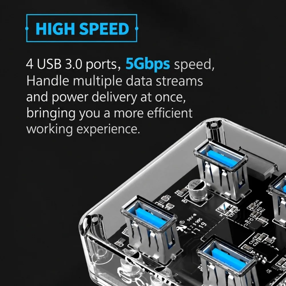 Transparent Housing USB 3.0 Hub Data Adapter High Speed Data Transfer 4-Port 5Gbps USB Splitter Plug And Play Wired USB Cable