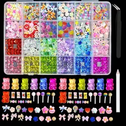 1Box Random Mixed Colorful Gummie Bear Heart Nail Art Decoration Multiple Styles Bow Candy Nail Charms Accessories DIY Manicure