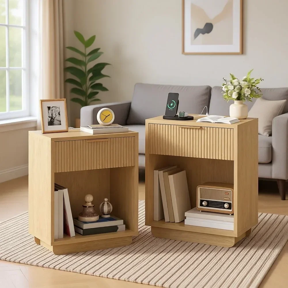 Modern Fluted End Table Duo for Bedroom, USB LED Night Light Charging Ports, Drawer and Shelf