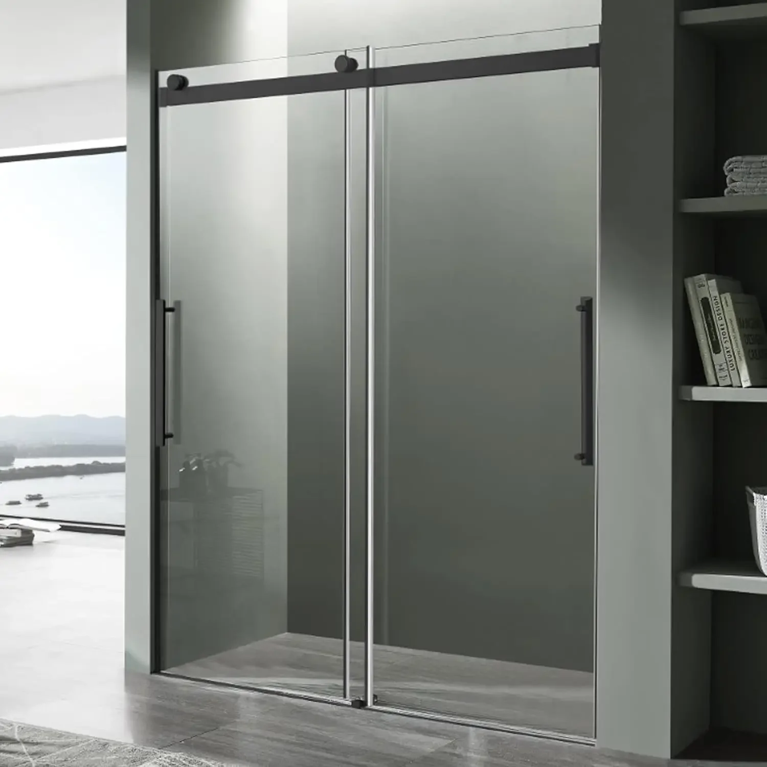 Frameless Shower Door in Matte Black Water Repellent Glass Shower Door with Seal Strip Parts and Handle Easy Glide Rollers