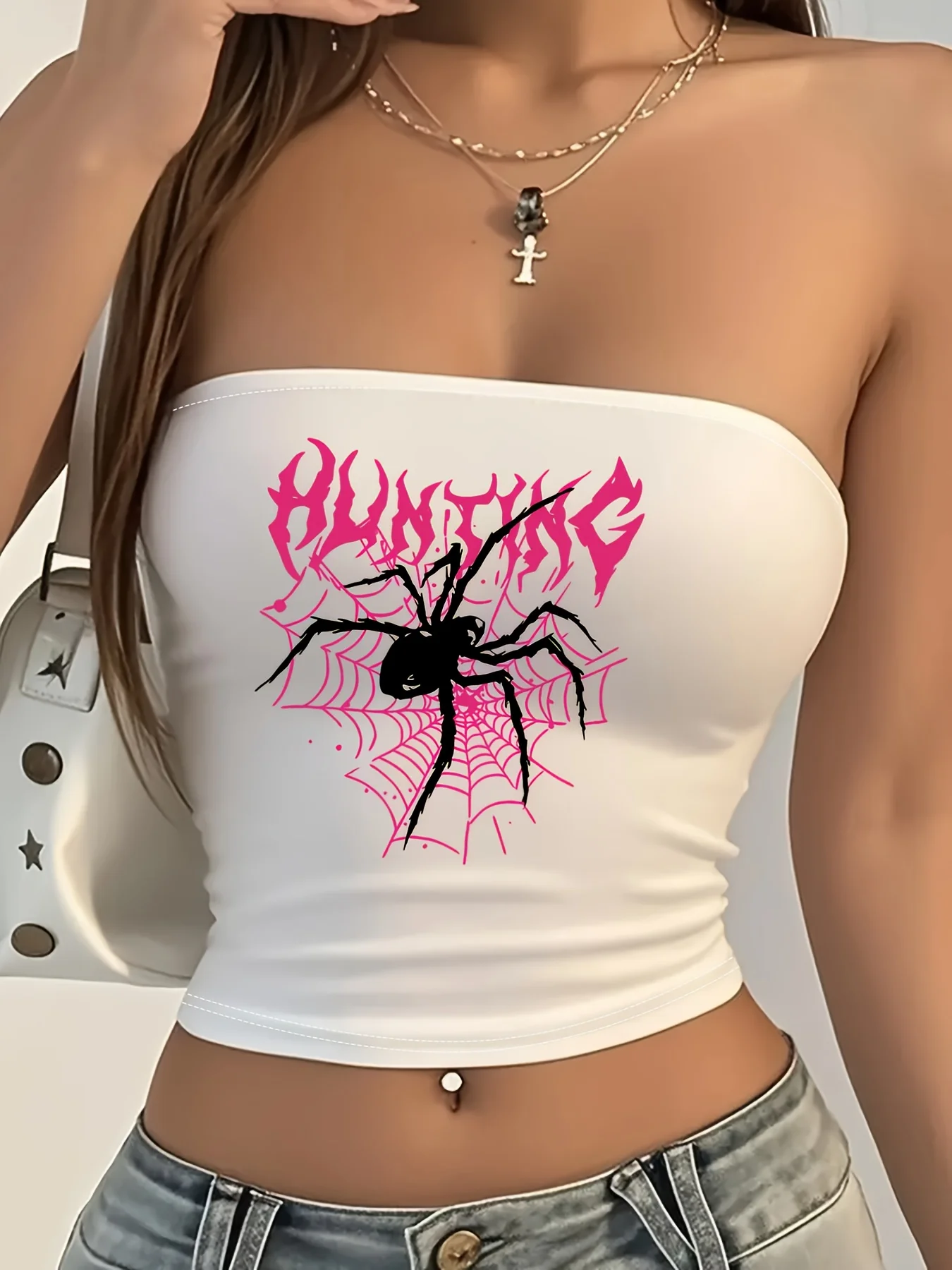 Pink Hunter Letter Spider Web Print Off-Shoulder Bralette Rock Style Y2K Plaid Kurzarm-Top Damen Punk Streetwear – Detail 1