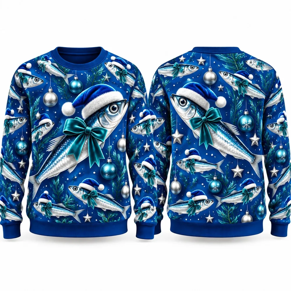 Christmas Sardine Ugly Christmas Sweater for Men Women Festive Holiday Party Crewneck Pullover Long Sleeve Gift Sweaters