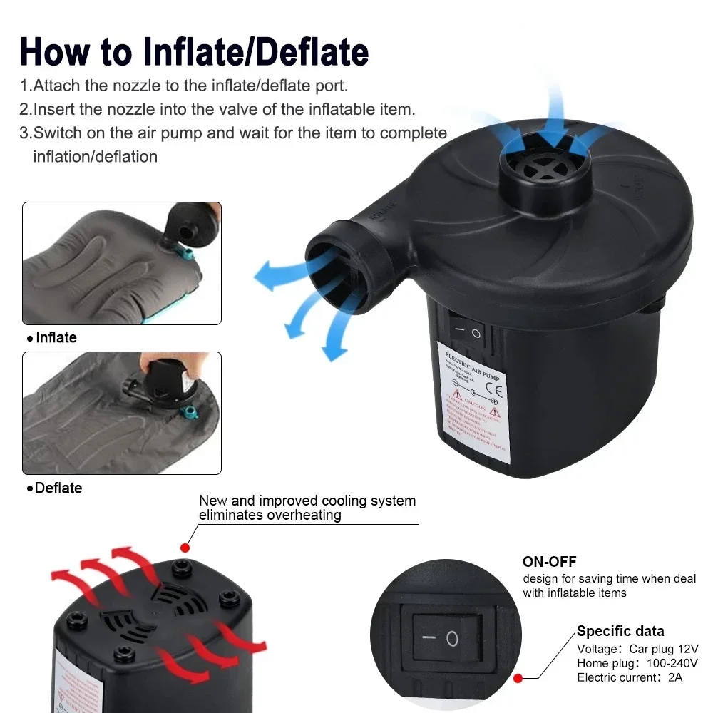 Electric Air Pump for Inflatable Mattress Boat Pool Floats High Pressure Fast Inflation Deflation Outdoor Portable Pump