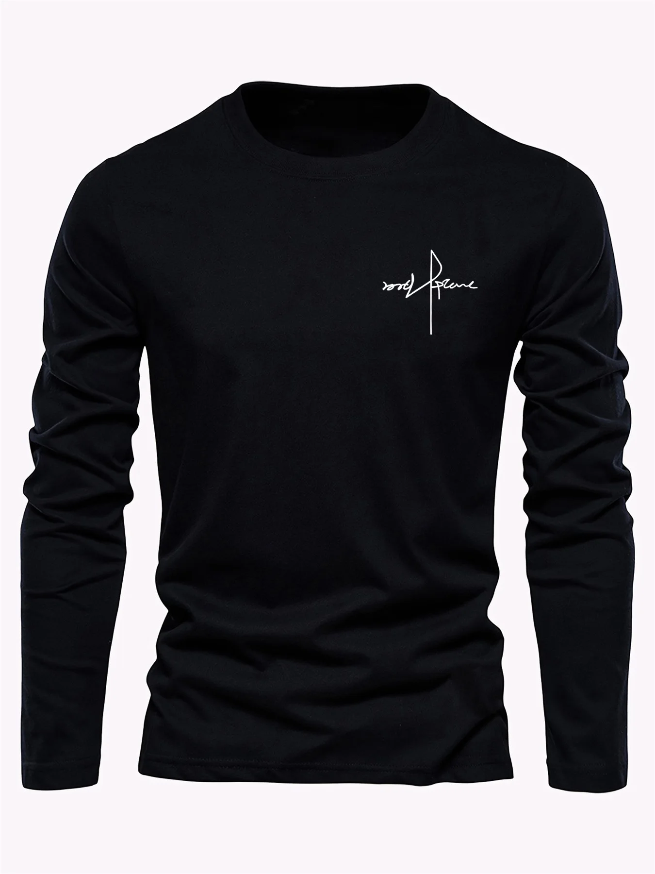 100% Pure Cotton Men's Long Sleeved Round Neck Loose Casual Letter Cross Pattern Printed Spring and Autumn Versatile T-Shirt Top image 4