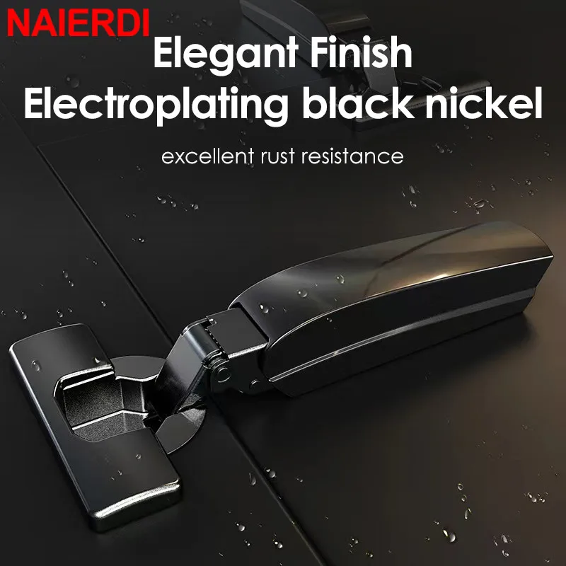 NAIERDI 2PCS Black Hydraulic Hinges Cold Rolled Steel Cabinet Door Hinge Damper Buffer Soft Closing Kitchen Cupboard Furniture