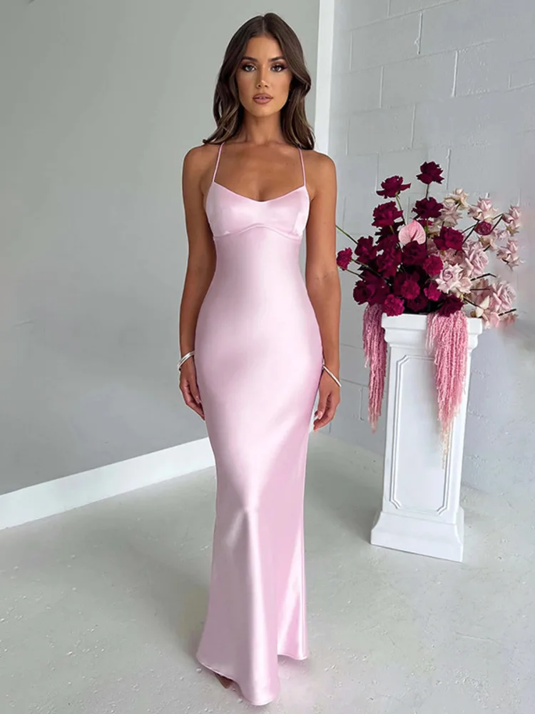 Articat Sexy Spaghetti Strap Bodycon Satin Dress With Open Back Lace Up Female Long Dress Elegant Party Club Evening Dress 2024