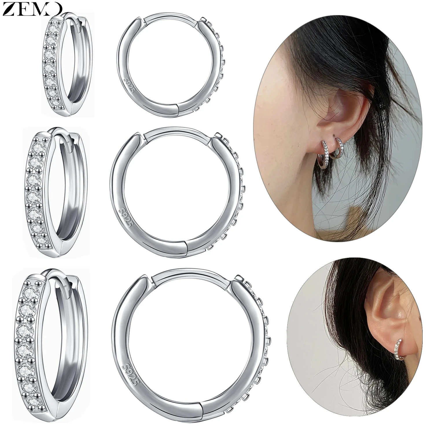 ZEMO 1-2pcs/lot 925 Sterling Silver Hoop Earrings CZ Crystal Round Earring 8.5/10.5/12.5MM Circle Tragus Helix Piercing Jewelry