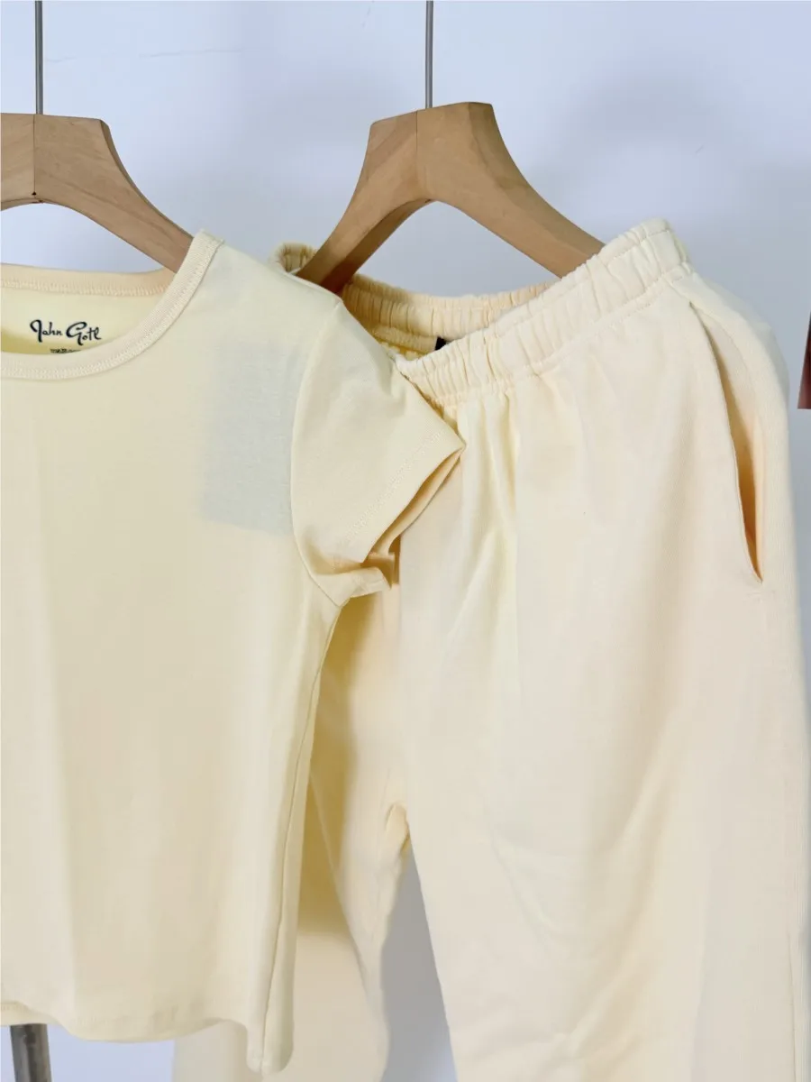 الحلو الأصفر القطن تي شيرت بانت مجموعات المرأة الجديدة عادية س الرقبة قصيرة الأكمام المحملة مستقيم Sweatpant دعوى لطيف Y2K 2 قطعة مجموعة