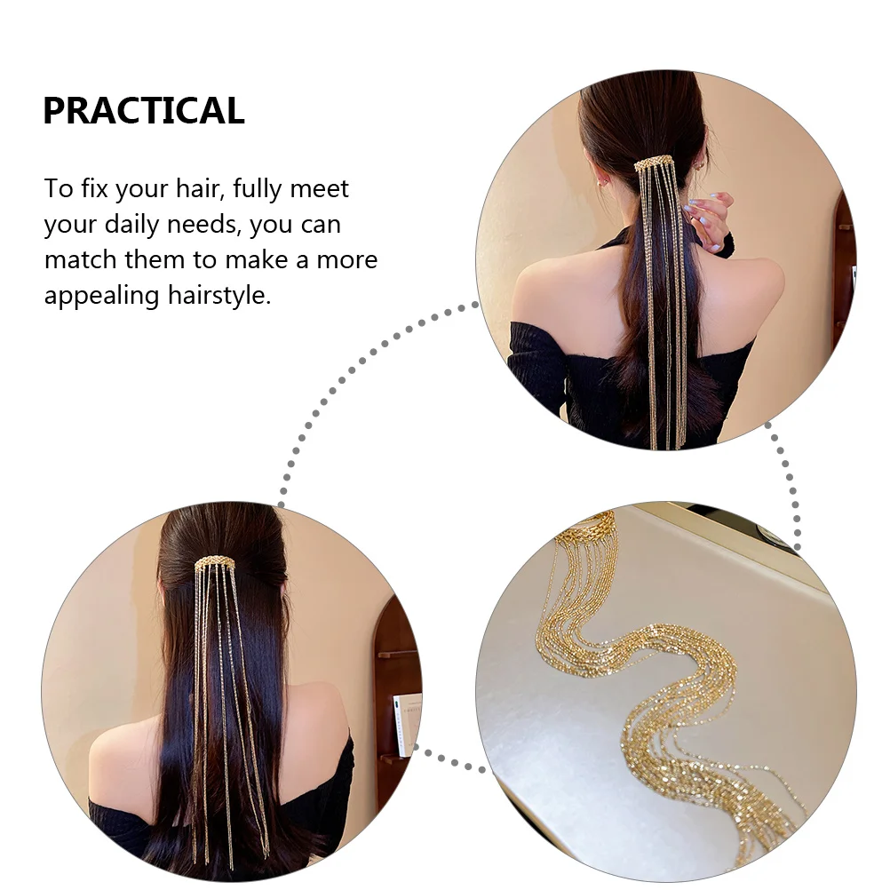 

Elegant Hair Clip Accessories Long Chain Tassel Decoration Sparkly Ponytail Cuff Daily Wear Metal Barrettes Thick Hairpins