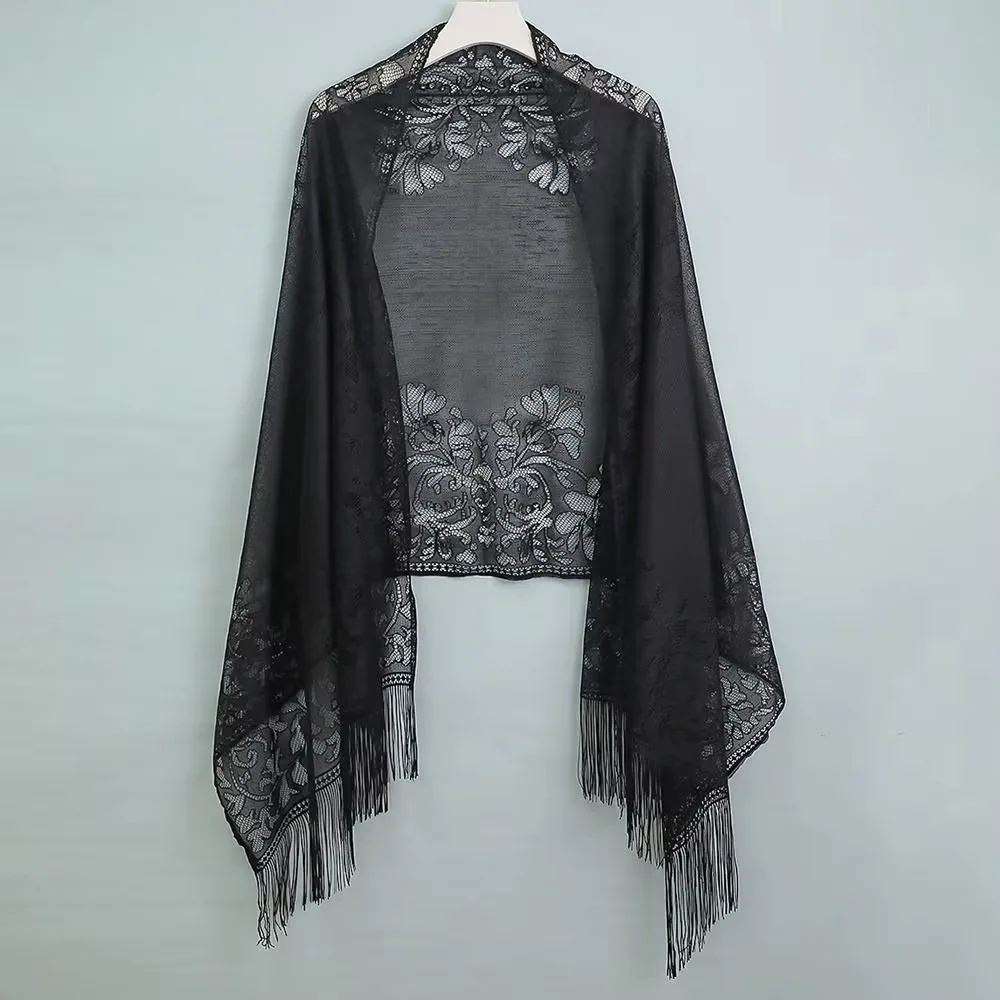 

Fashion Elegant Women's Shawls Hollow Embroidery Tassel Scarf Floral Thin Fringes Wraps Party Dinner