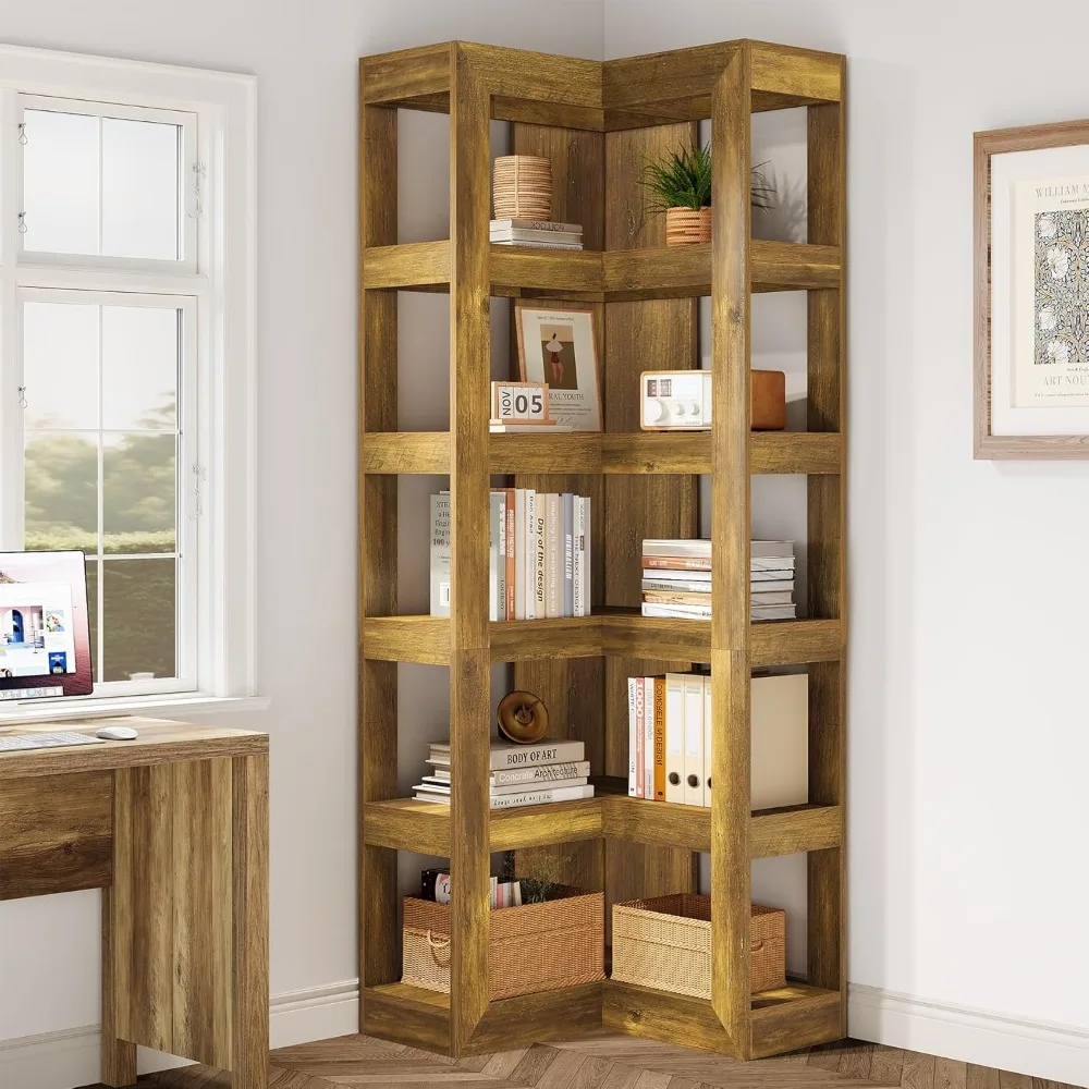 Estantería esquinera grande de 6 niveles, estantería alta de madera en forma de L con almacenamiento para sala de estar y dormitorio