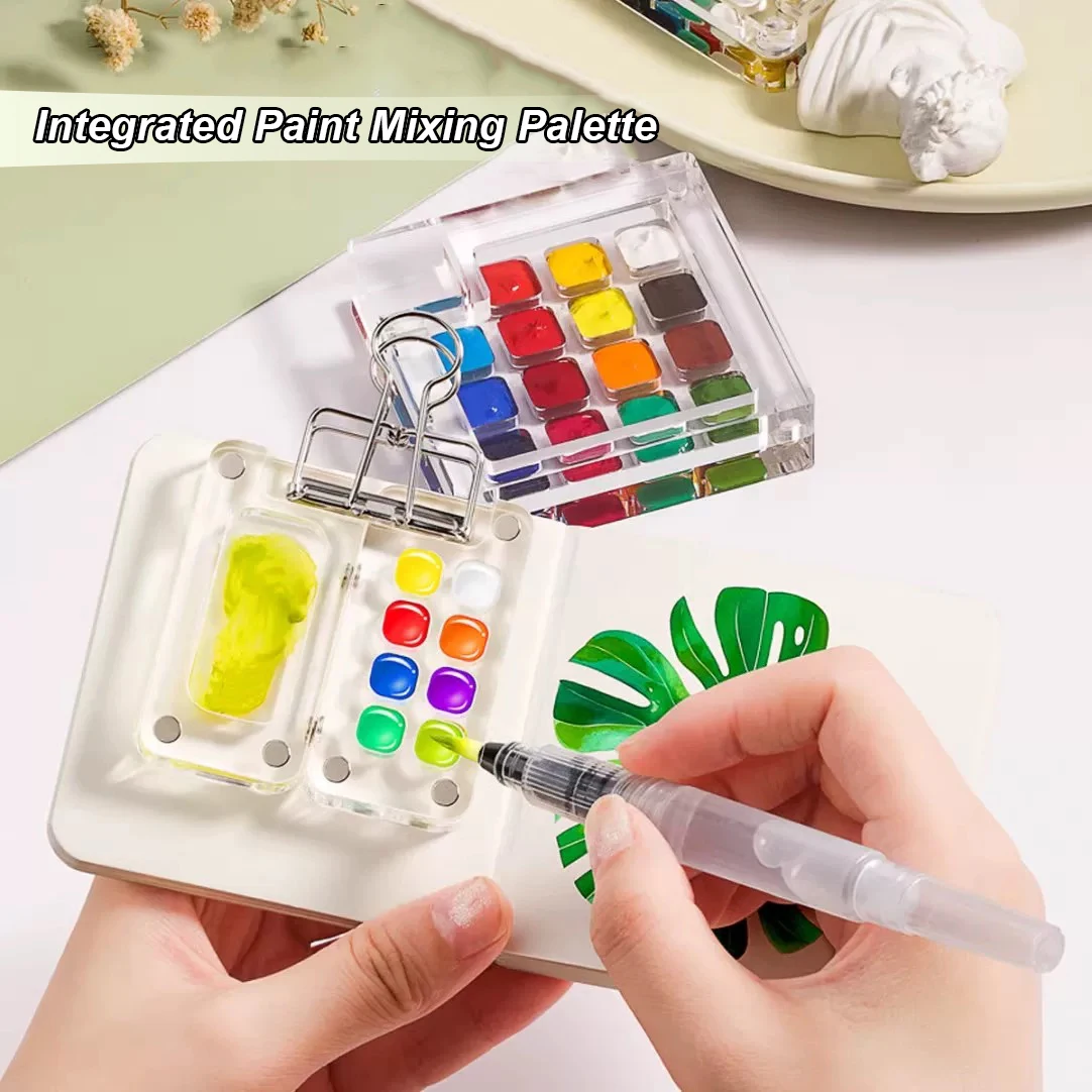 Mini juego de paleta de acuarela portátil con cuaderno de bocetos de viaje, caja de pintura acrílica de colores mezclados (PMMA) para creación de arte en movimiento