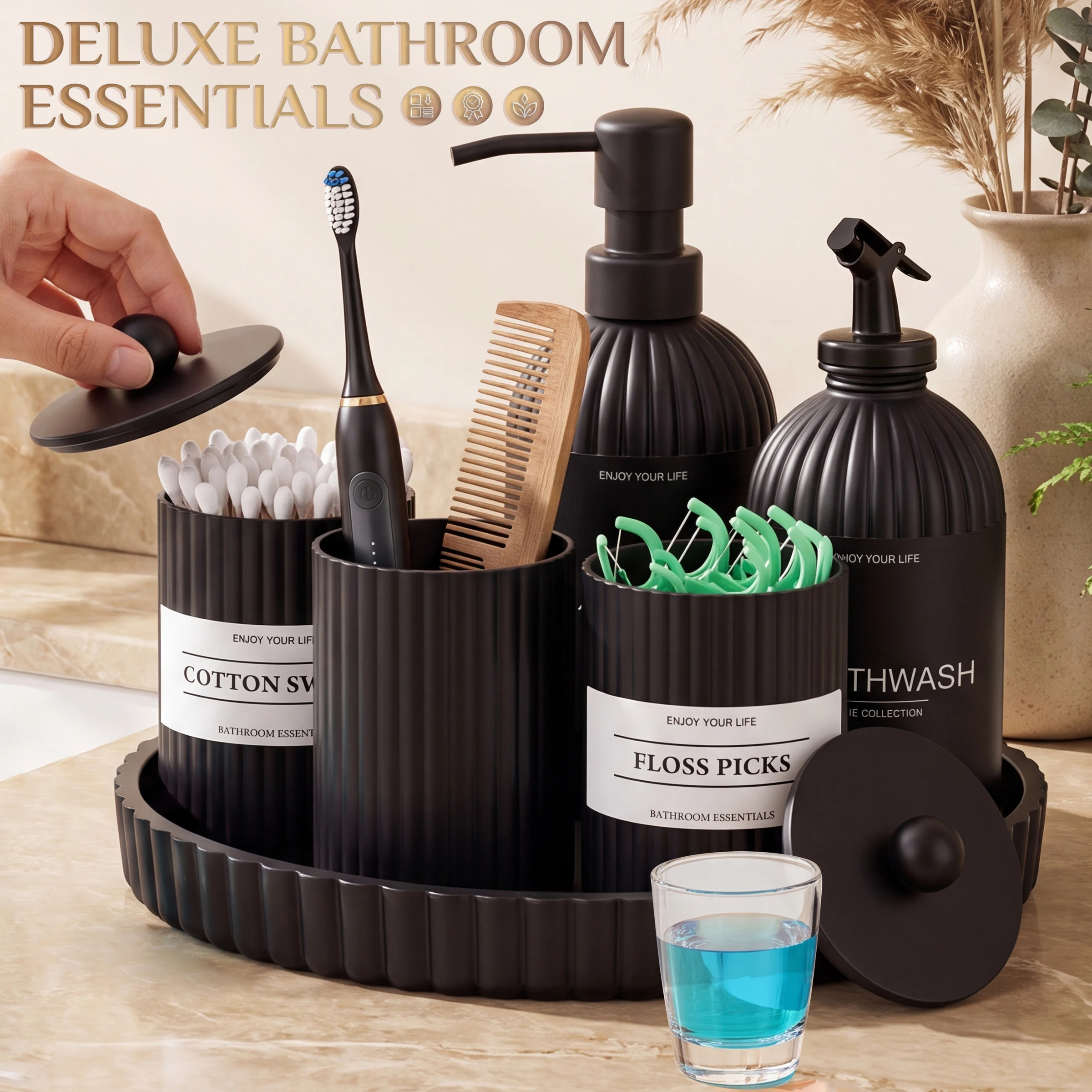 Bathroom Essentials Set- Reusable Toothbrush Holder, Storage Jar, Mouthwash Bottle and Tray, One-stop Organization for Bathroom