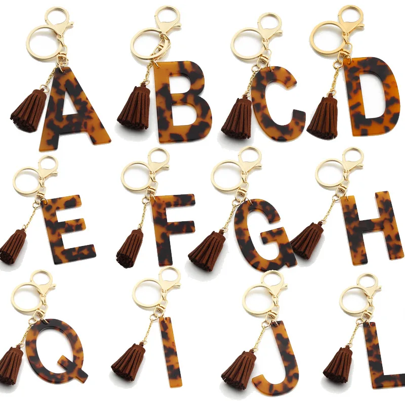 52Pcs Leopard Print keychains A-Z Initial Acetate Pendant Key Chain Ring Alphabet Resin Keyring Holder Charm Bag Couple Gifts