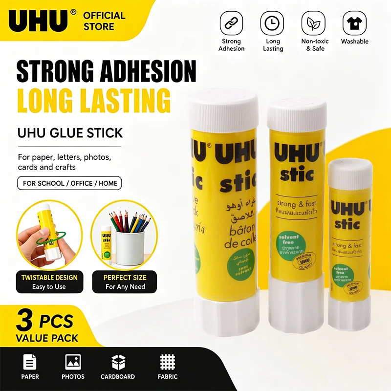 3Pcs UHU Solid Glue High Adhesive Strength Handmade Glue Stick Office Student Children Financial Use Paper Tissue Binding Glue