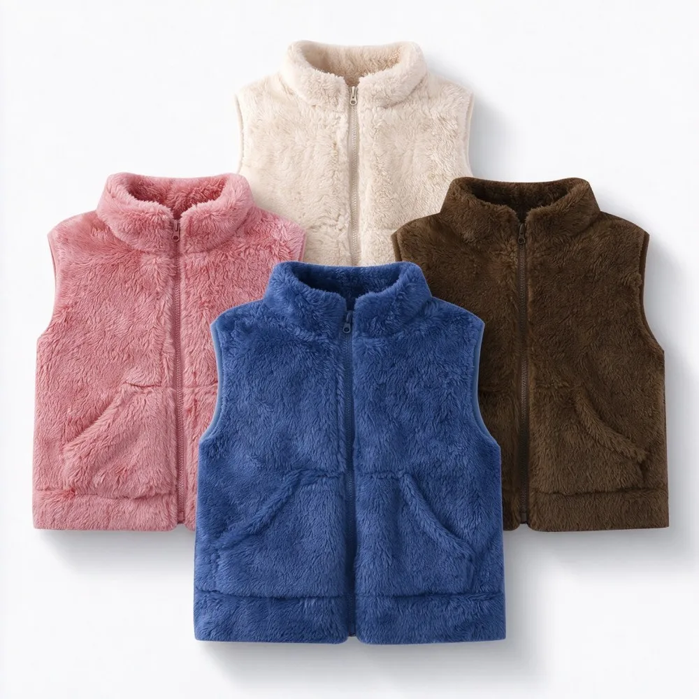 Kids Warm Fleece Solid Color Stand Collar Zipper Vest Toddler Sleeveless Outerwear Soft Plush Baby Gilet Autumn Winter Clothing