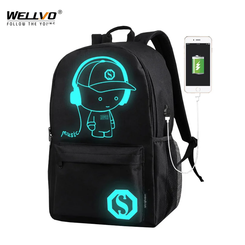 

Luminous Anti Theft Backpacks Men USB Charge Canvas Rucksack Boys Laptop Schoolbag For Teenage Girls Students Print Bag XA163C