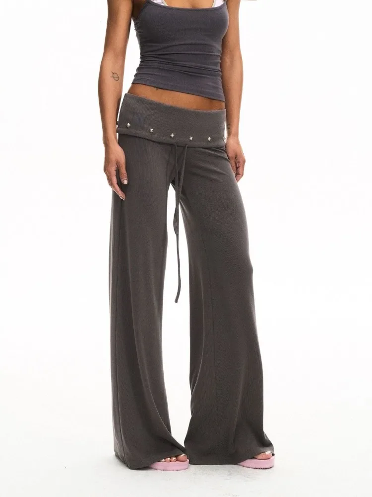 Deeptown Casual Wide Leg Sweatpants for Women Y2k Gray Baggy Fold Over Low Rise Flare Yoga Lounge Pants Slim Fit Trousers Loose