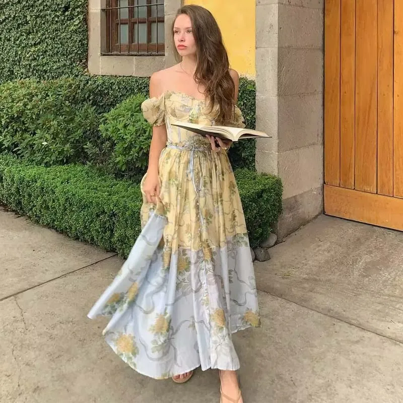 

Jastie Patchwork Floral Print Boho Summer Dresses Women Vintage Puff Sleeve A-line Midi Chiffon Dress Chic Lady Vacation Robe