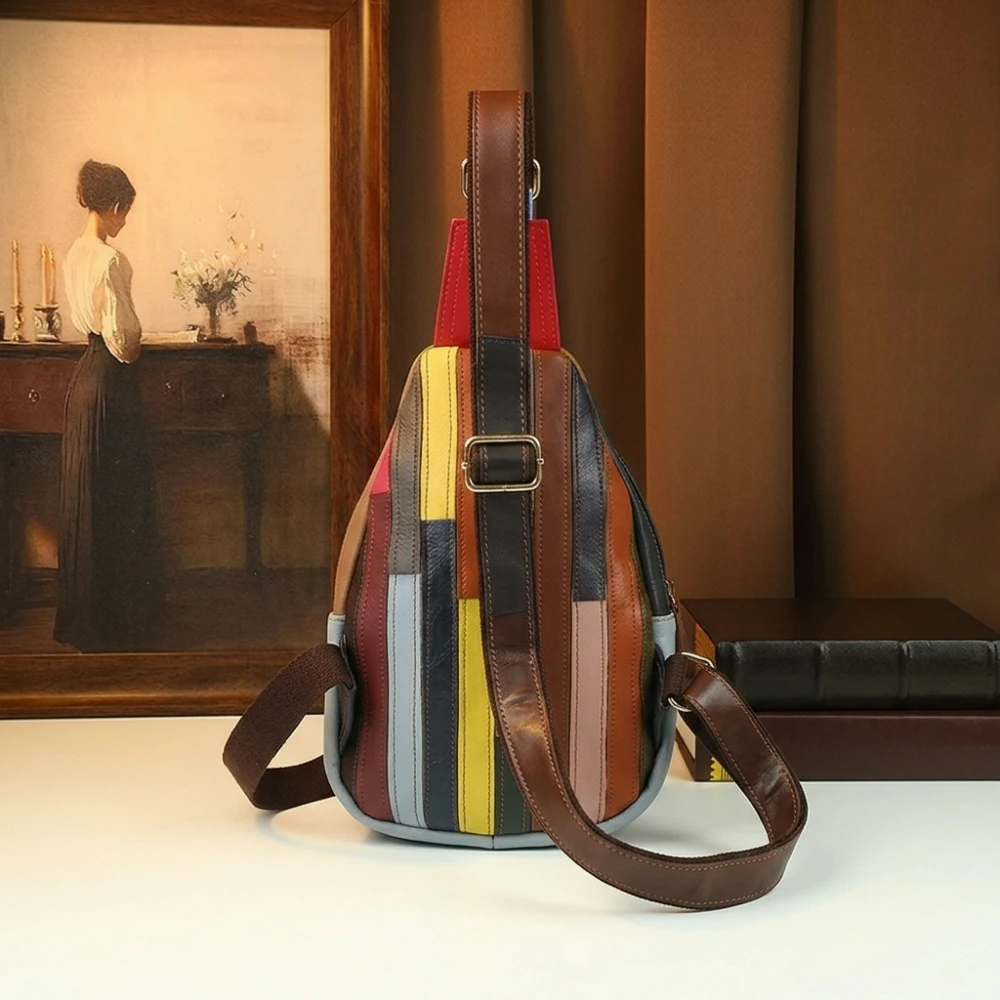 Genuine Leather Woven Sling Bag for Women Retro Patchwork Chest Pack Colorful Bohemian Crossbody Shoulder Travel Daypack