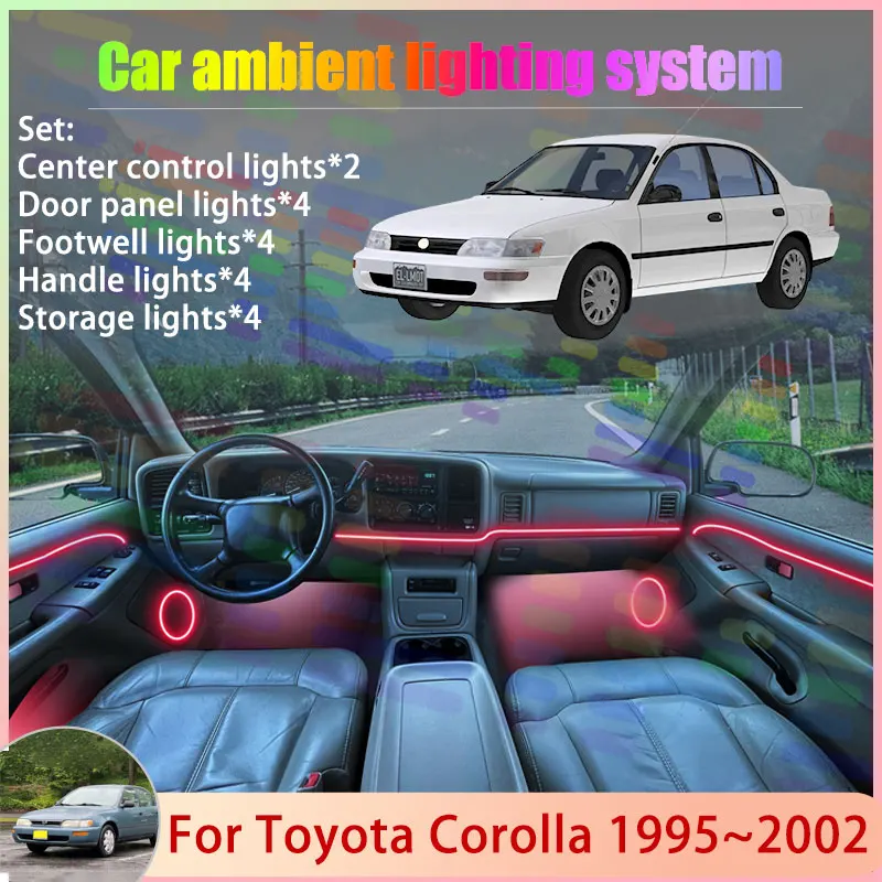 

Для Toyota Corolla MK8 E110 1995 ~ 2002 1996 1997 2/18 в 1, автомобильная атмосферная лампа, RGB абажур, ансамбль, стример, атмосферный набор
