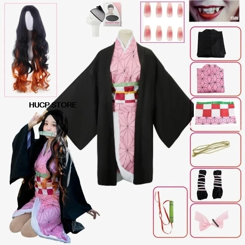 Nezuko Cosplay Anime Demon Doder Kimetsu No Yaiba Cosplay Kostuum Pruik & Accessoires Kamado Kimono Uniform Halloween Kleding