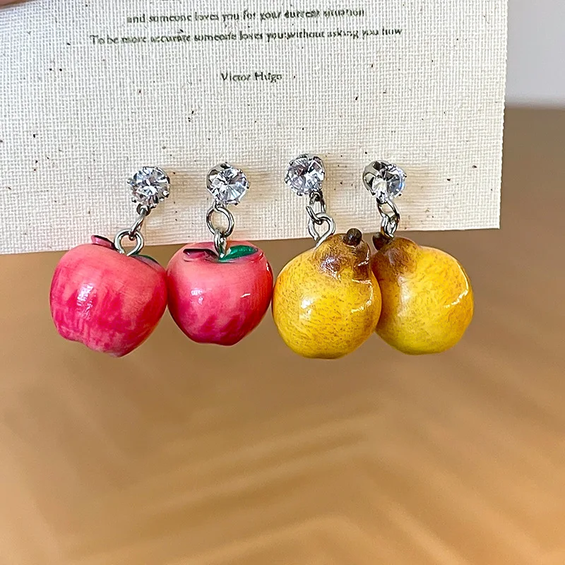 Creative Zircon Resin Fruit Pendant Earrings for Women Girls Dopamine Sweet Shiny Crystal Apple Pear Ear Jewelry Accessories