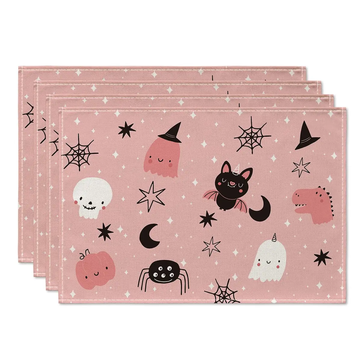 Pink Ghost Spider Web Moon Bat Spooky Halloween Placemats Set of 4, 12x18 Inch Baby Shower Table Mats for Party Kitchen Decor