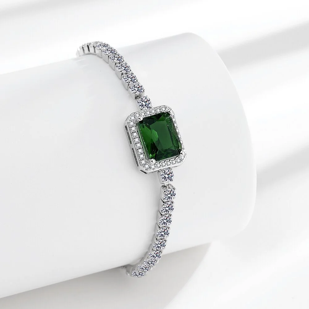 925 Sterling Silver Bracelet, Square Imperial Green Zircon Adjustable Size, Luxury Elegant Jewelry Bracelet For Men And Women