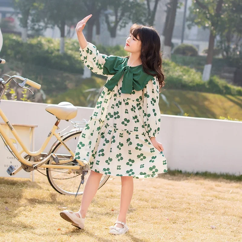 Girls Spring Printing Dress 2022 Spring Kids Long Sleeve Casual Dresses Cute Bow Children Clothing Fashion, #6844