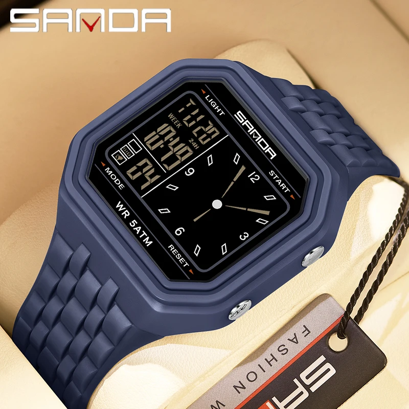 SANDA New Men Analog Pointe Digital Watches 5Bar Waterproof LED Luminous Multi Functional Student Dual Display Sports Wristwatch
