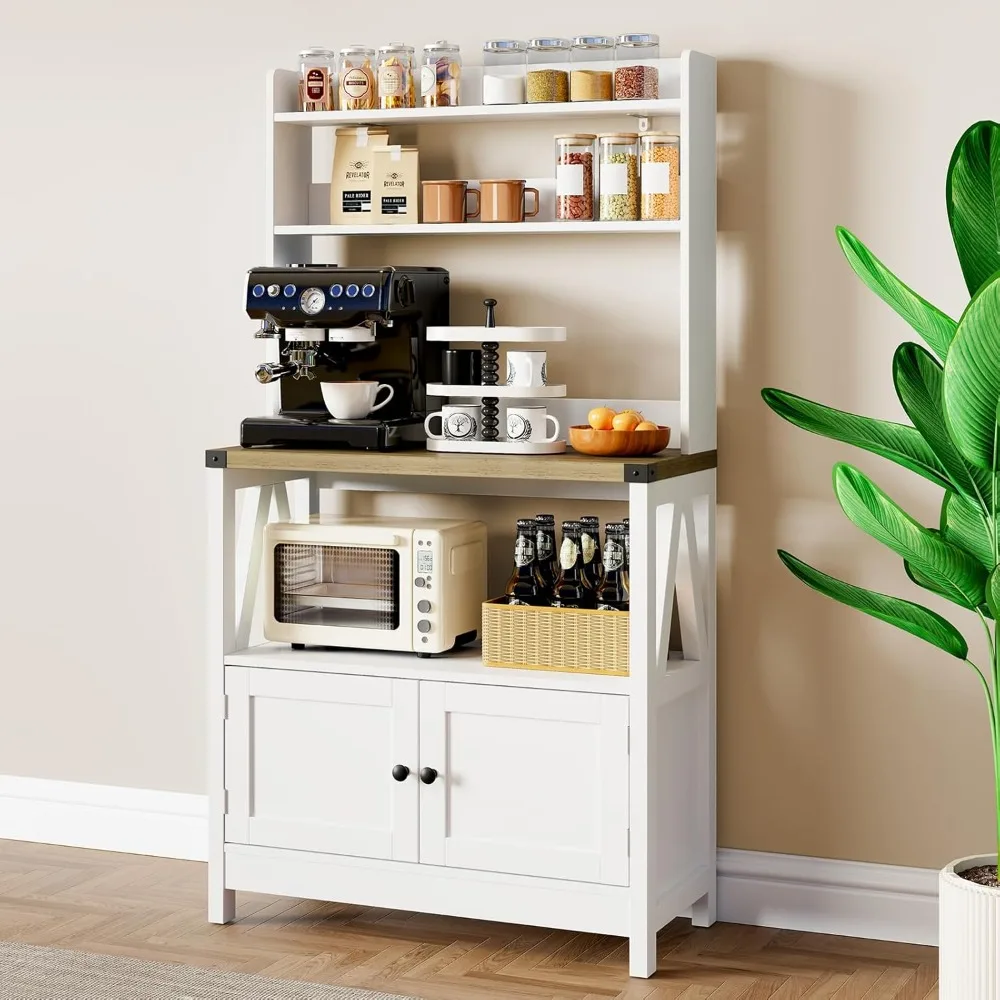 

Microwave Stand Bakers Rack Cabinet, Freestanding Kitchen Storage with Shelves, Farmhouse Floor Hutch Door Thickened Counter