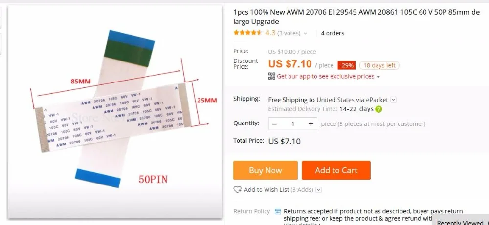 1 Stück 100 % neu AWM 20706 E 129545   AWM 20861 105C 60 V 50P 85 mm de largo Upgradeboard