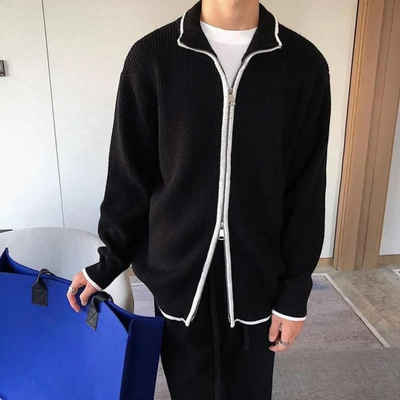 

New 2025 Spring Autumn Men's Apparel Mature Casual Style Color Blocked Loose Zipper Cardigan Knit Outer Top Wear Simple