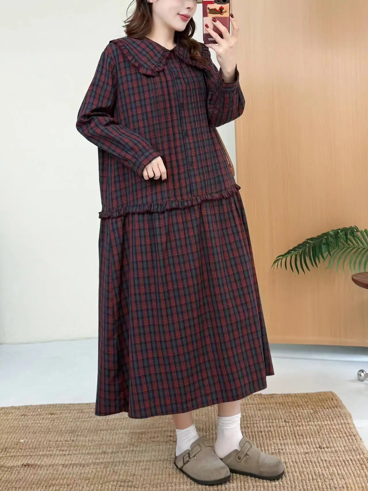 Japanese Mori Girl Vintage Plaid Cotton Dress Women Spring New Peter Pan Collar Long Sleeve Casual Loose Midi Dresses
