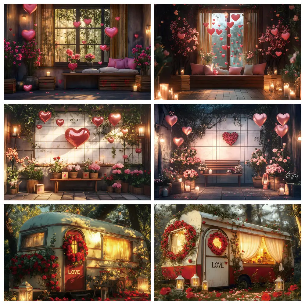 

Valentine's Day Theme Photography Backdrop Love Heart Flowers Balloon Truck Bridal Shower Wedding Party Decor Photo Background