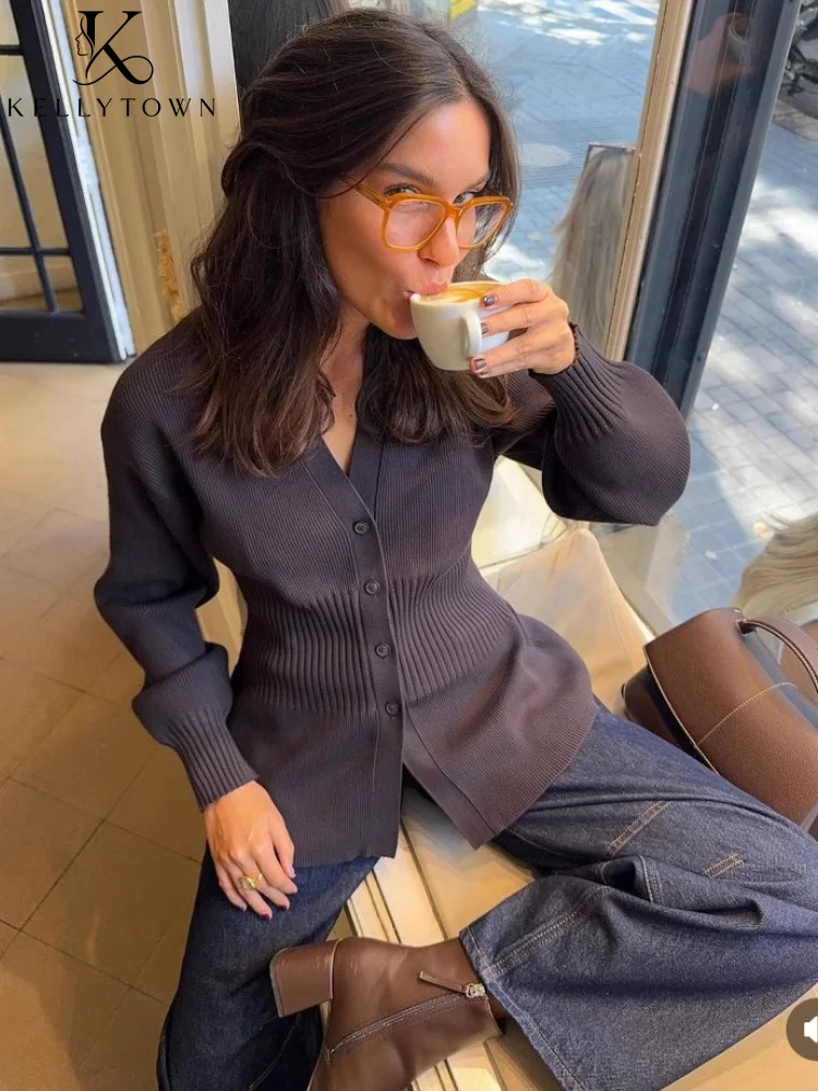 

Elegant Knitted Sweater Women Button Up Cardigan Autumn Winter Clothes Streetwear Chic Casual Solid Brown Long Sleeve Top Female