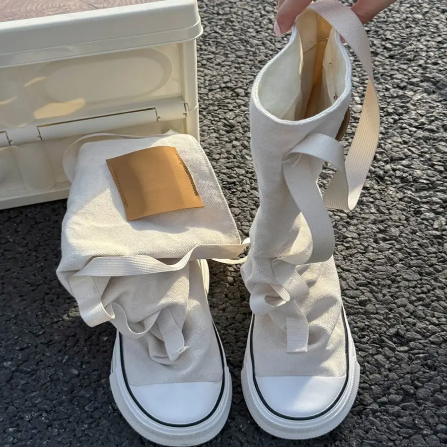 Canvas Shoes Spring Autumn Boots Women Fashion High-top  Cheerleaders Dance Long-barreled Casual Canvas Boots Tall Punk Shoes