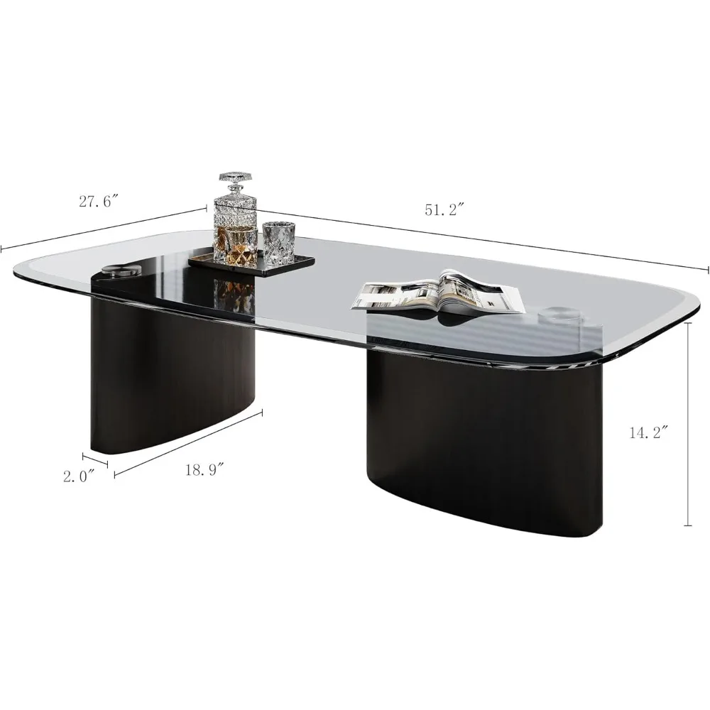 51.2" Glass Coffee Table, Modern Coffee Table with Tempered Glass Top and Solid Wood Base, Rectangular Mid Century Coffee Table