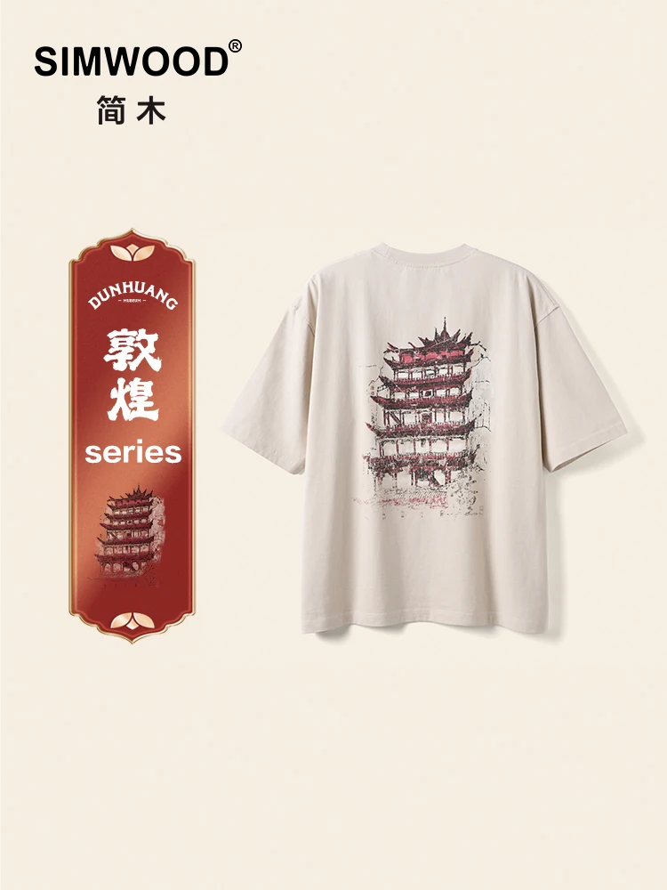 SIMWOOD × Dunhuang Museum, лето 2022, 270 г/м2, футболки из 100% хлопчатобумажной ткани, мужские винтажные топы с рисунком пещеры Mogao в винтажном стиле