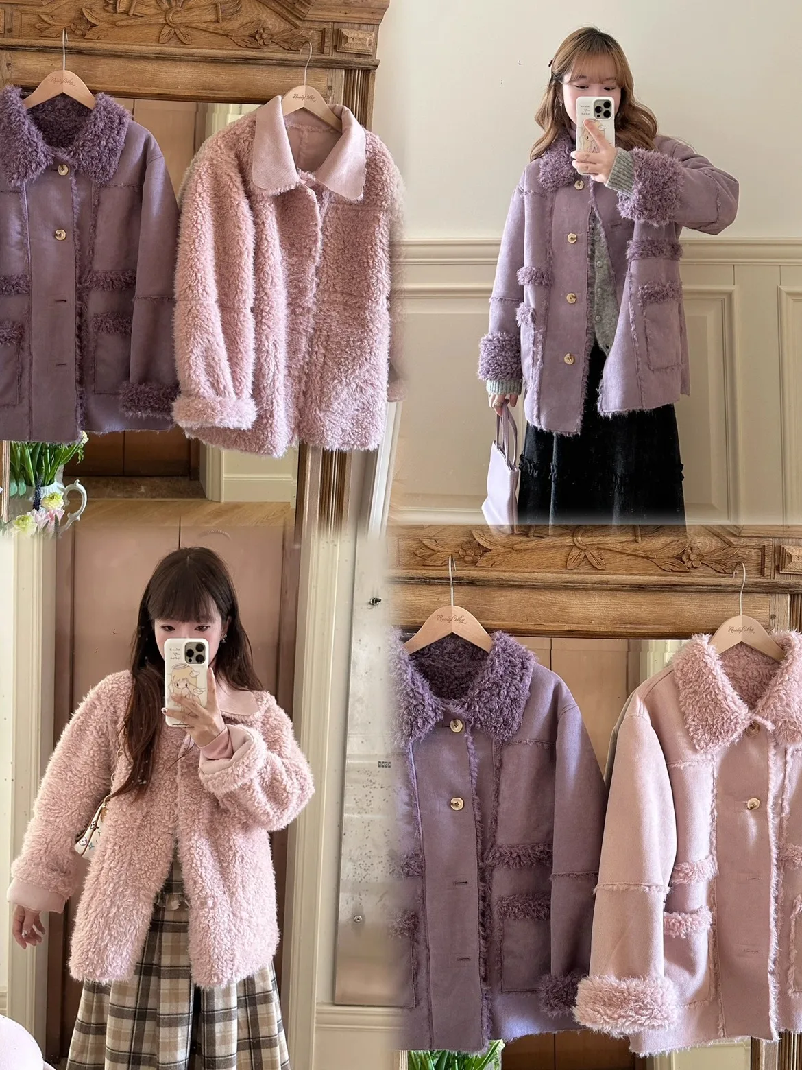 Prawdziwie Ciepły Zimowy Płaszcz z Futra Dwustronny Noszony Od Przodu i Od Tyłu Wyszczuplający Płaszcz Wierzchni Francuski Elegancki Długi Średniej Długości Zapinany na Guziki