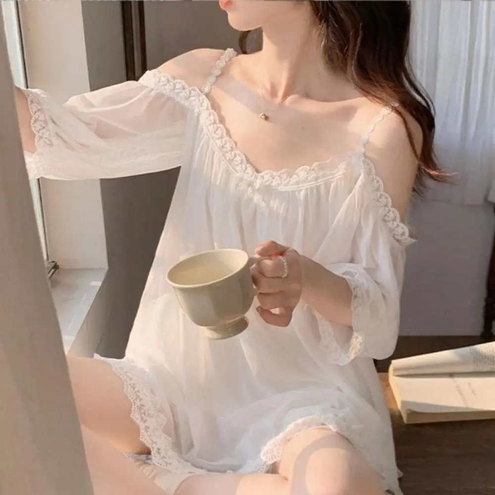 

Soft Women Mesh Pajama Set Off Shoulder Nightwear Suspender Shorts Pajama Suit Two-Piece Suit Elastic Women's Sleepwear Sets