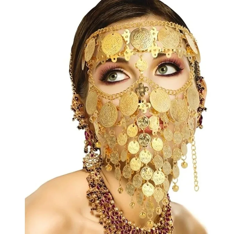 

Маска-монета из золота, головной убор для танца живота, цыганский племенной вуалевый головной убор, маска-чай, костюмы на Хэллоуин